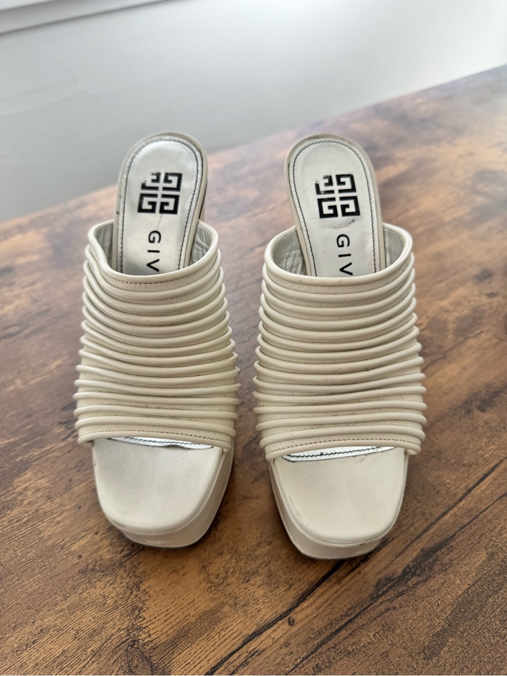 Givenchy Cream Ribbed Leather Slide Mules
